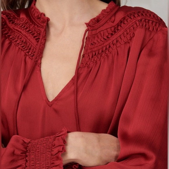 Lucky Brand Womens Boho Blouse Top Size M Red Satin V Neck Long Sleeve Tie Front - Picture 6 of 10